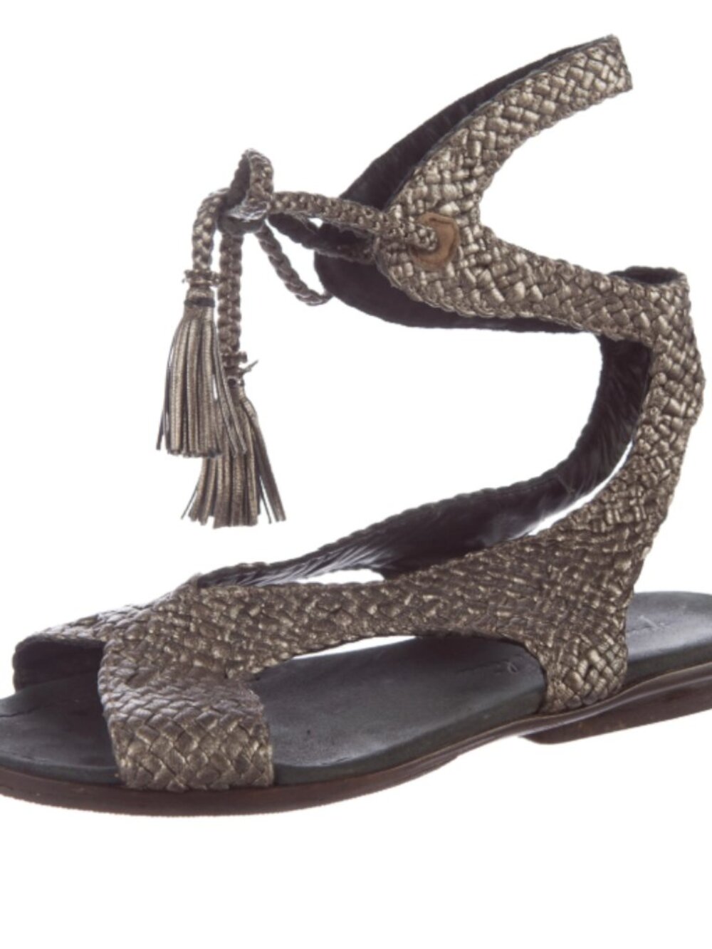 Henry Beguelin Pewter Woven Leather Gladiator Tassel Flat Sandals 38 / 8